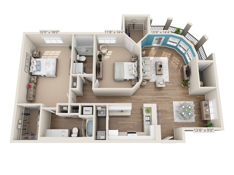 Floor plan for 2 beds, 2 baths, 1288 sqft